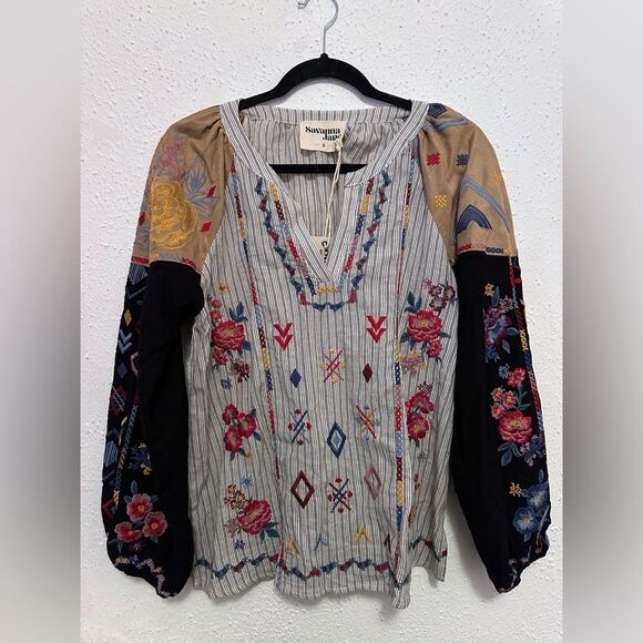 Savanna Jane Kerrie Top in Charcoal, Ivory, and Tan size small - Picture 4 of 8